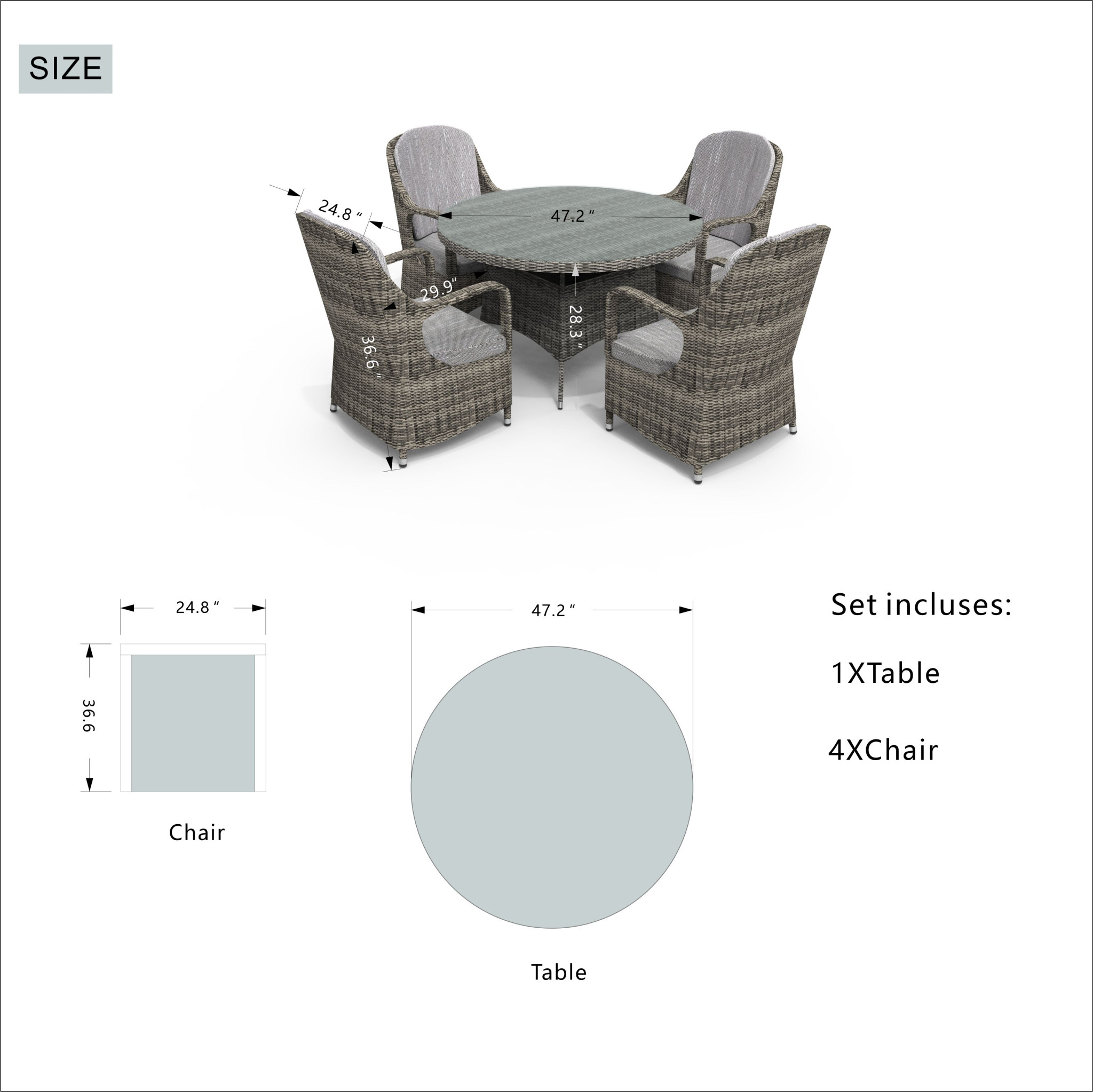 Gray Round Glass Dining Set with Sideboard, Five-Piece 12 Gray Round Glass Dining Set with Sideboard, Five-Piece