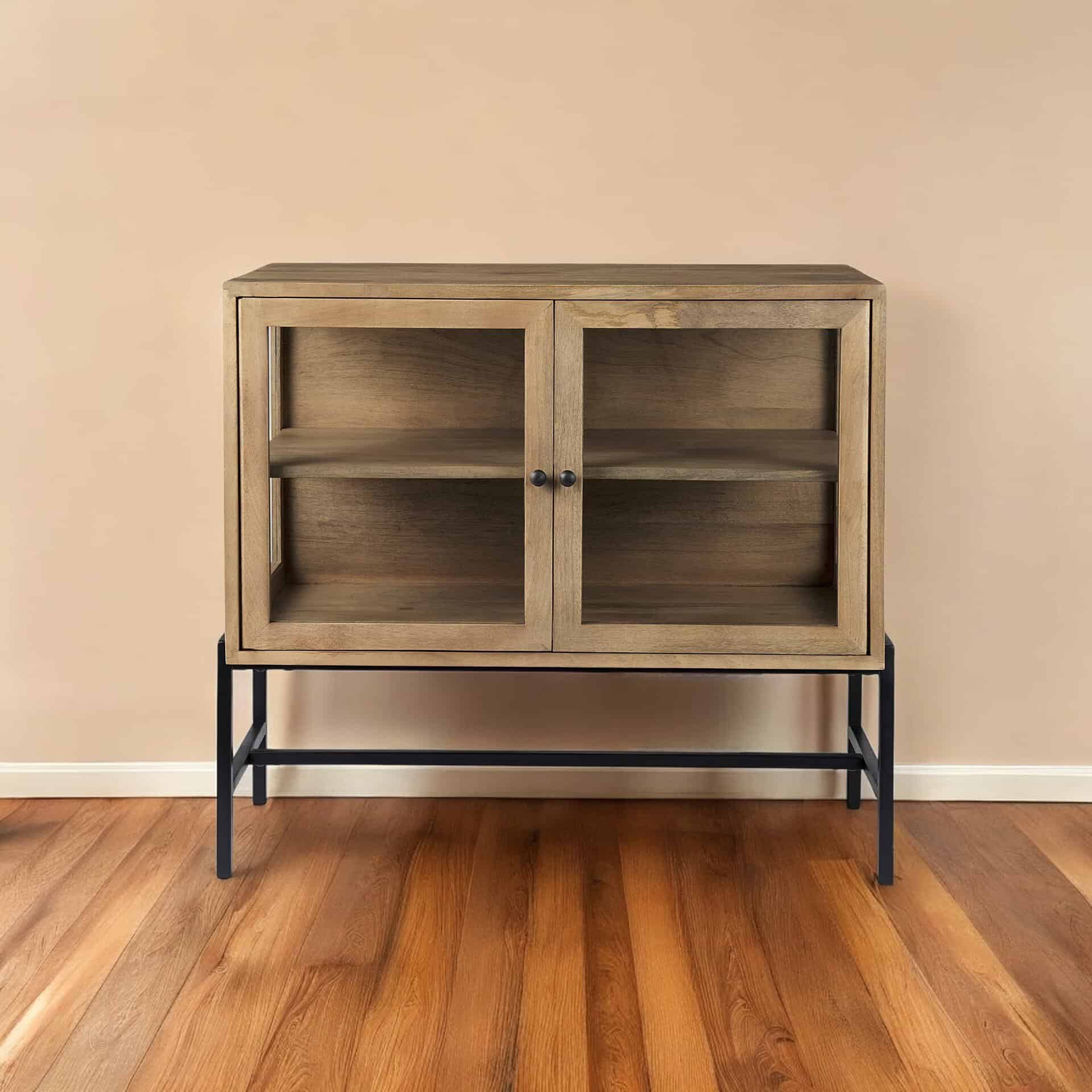 Natural Solid Wood Sideboard with Glass Doors and Shelves 2 Natural Solid Wood Sideboard with Glass Doors and Shelves - Image 2