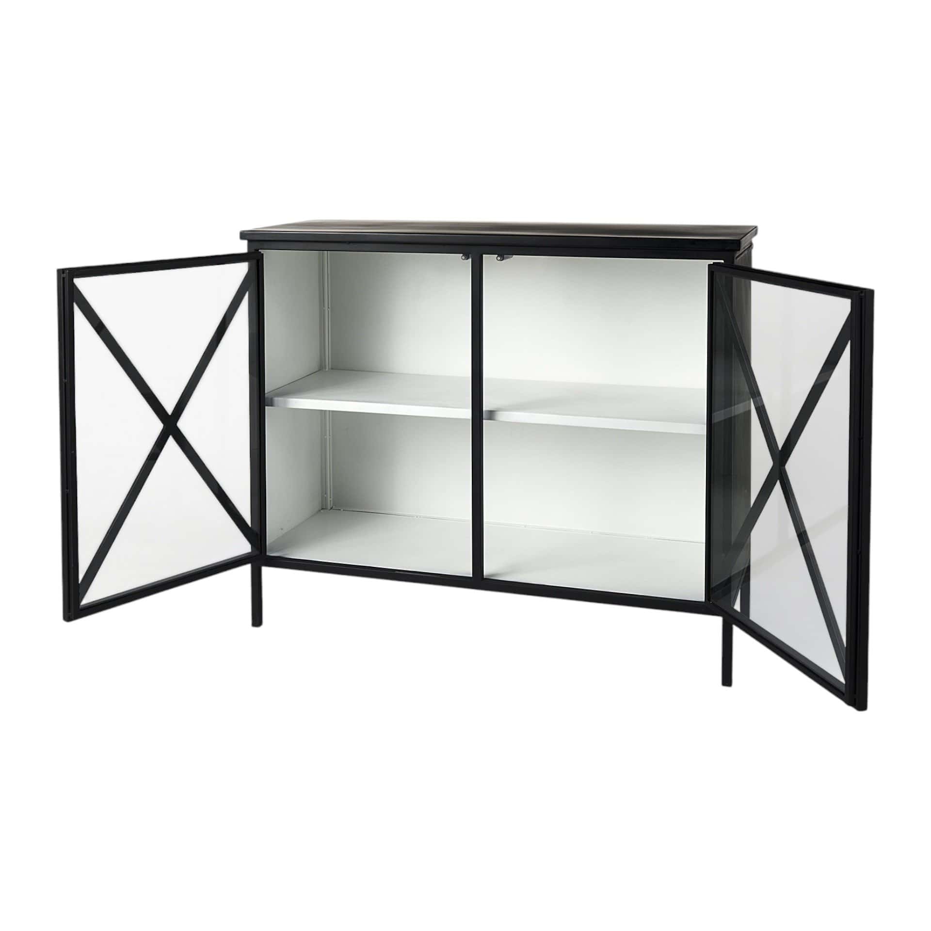 Contemporary Black Iron Sideboard with Glass Doors and Shelves 4 Contemporary Black Iron Sideboard with Glass Doors and Shelves - Image 4