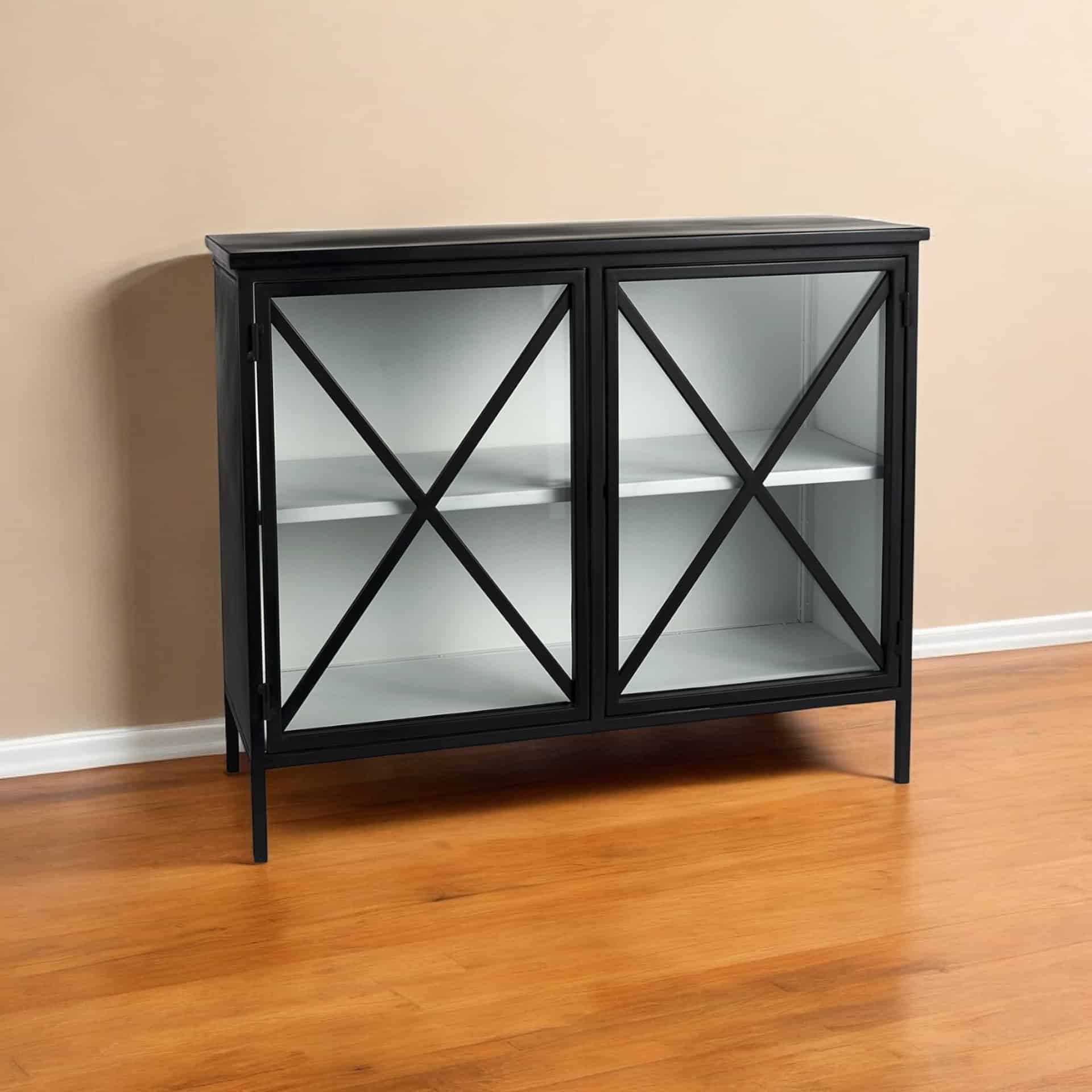 Contemporary Black Iron Sideboard with Glass Doors and Shelves 2 Contemporary Black Iron Sideboard with Glass Doors and Shelves - Image 2