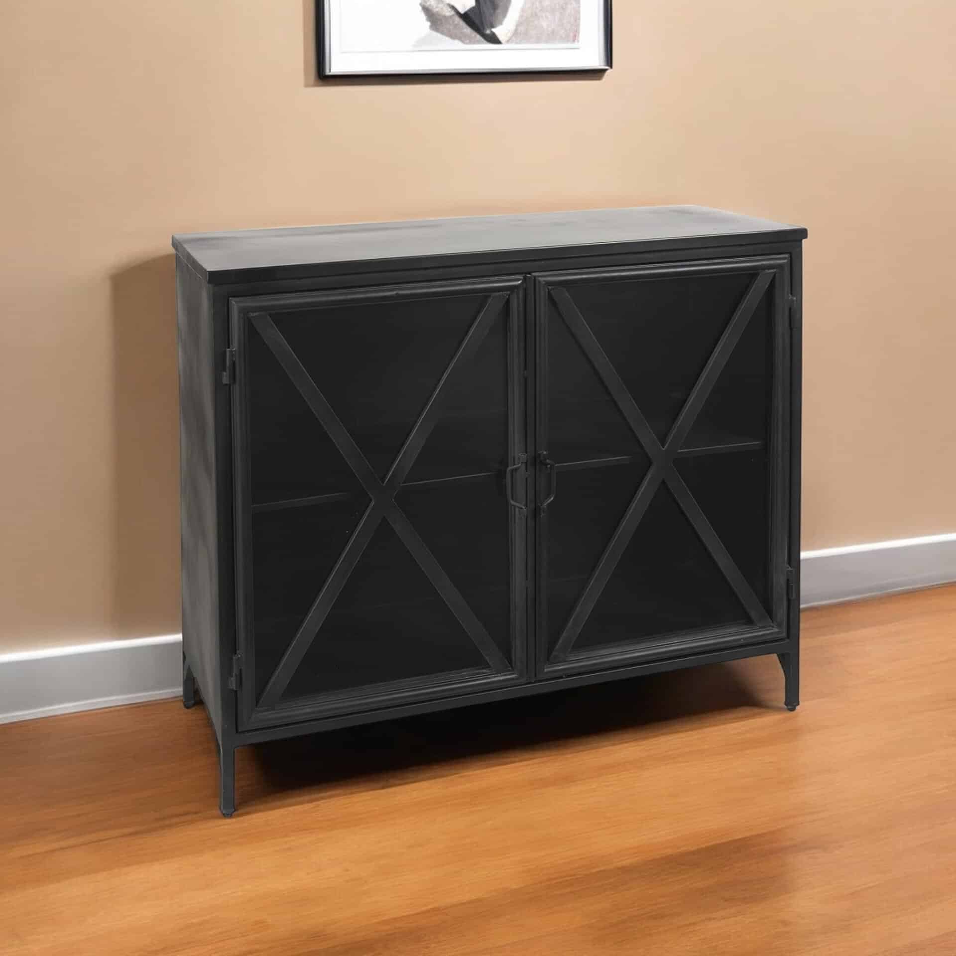 Black Iron Sideboard with Glass Doors and Ample Storage 2 Black Iron Sideboard with Glass Doors and Ample Storage - Image 2