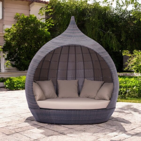Teardrop Shaped Brown and Beige Outdoor Daybed with Cushions
