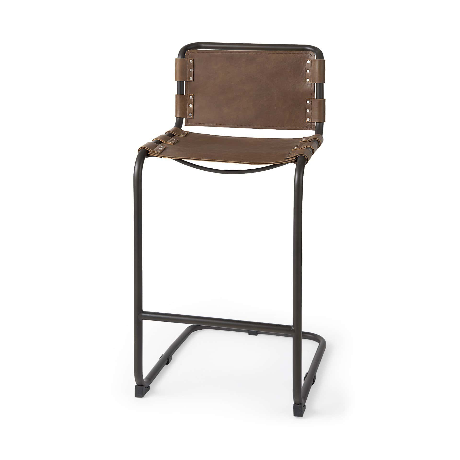 35-Inch Brown Leather and Steel Bar Stool with Footrest 2 35-Inch Brown Leather and Steel Bar Stool with Footrest - Image 2