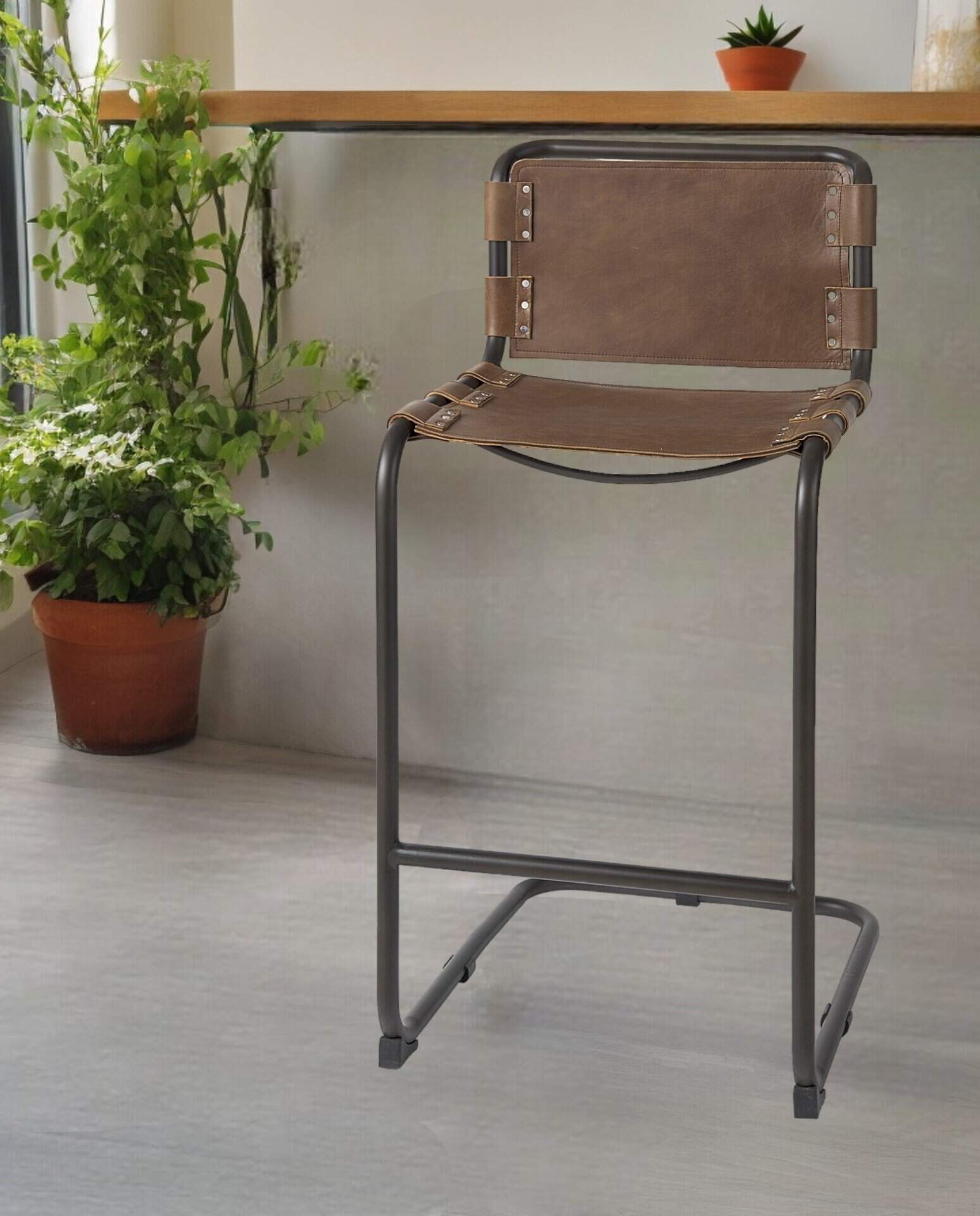 35-Inch Brown Leather and Steel Bar Stool with Footrest 1 35-Inch Brown Leather and Steel Bar Stool with Footrest