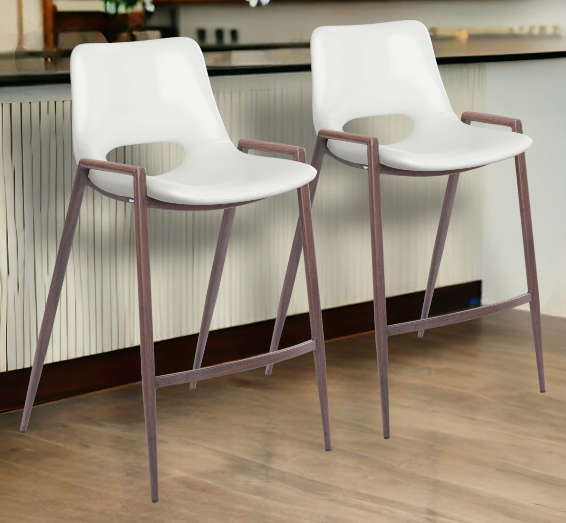 26" White and Brown Steel Low Back Bar Stools (Set of 2) 1 26" White and Brown Steel Low Back Bar Stools (Set of 2)