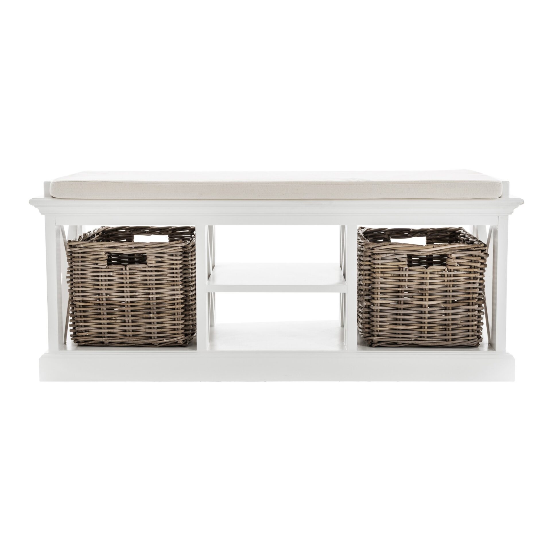 Classic White Mahogany Bench with Kubu Rattan Baskets 1 Classic White Mahogany Bench with Kubu Rattan Baskets