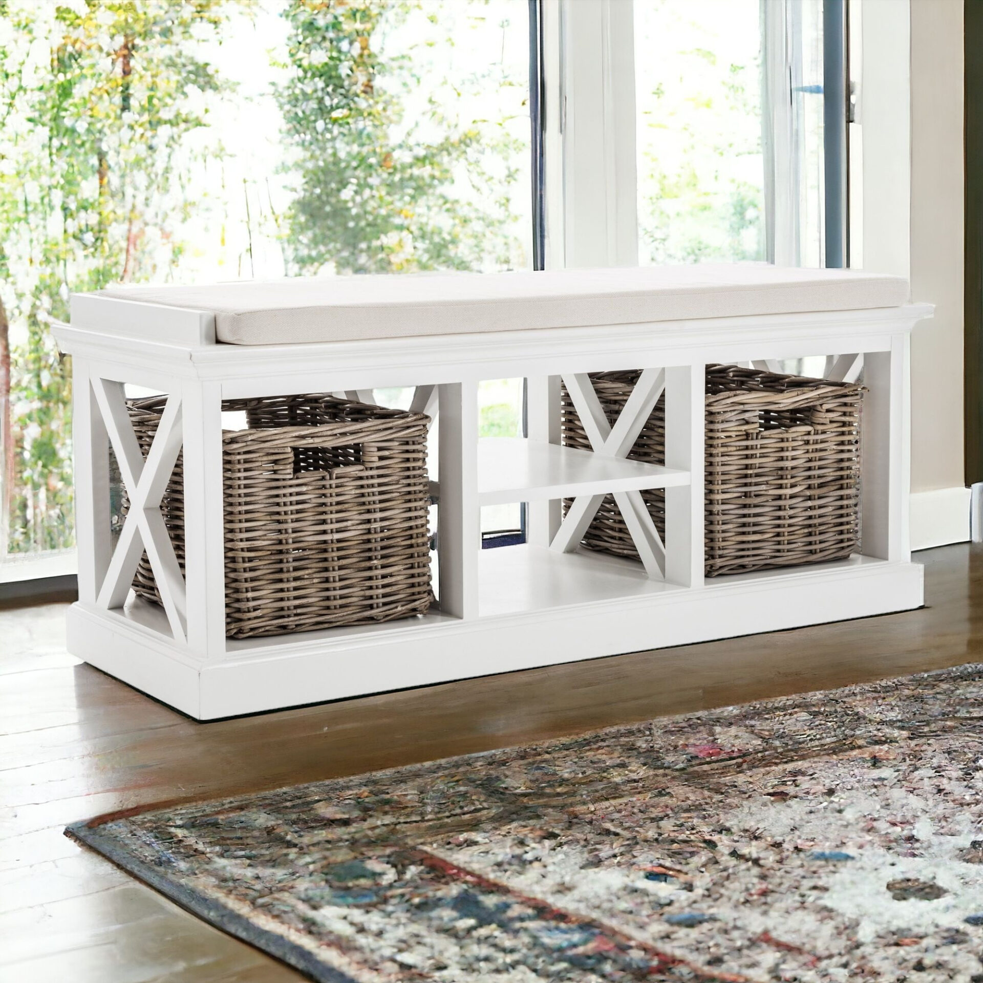 Classic White Mahogany Bench with Kubu Rattan Baskets 2 Classic White Mahogany Bench with Kubu Rattan Baskets - Image 2