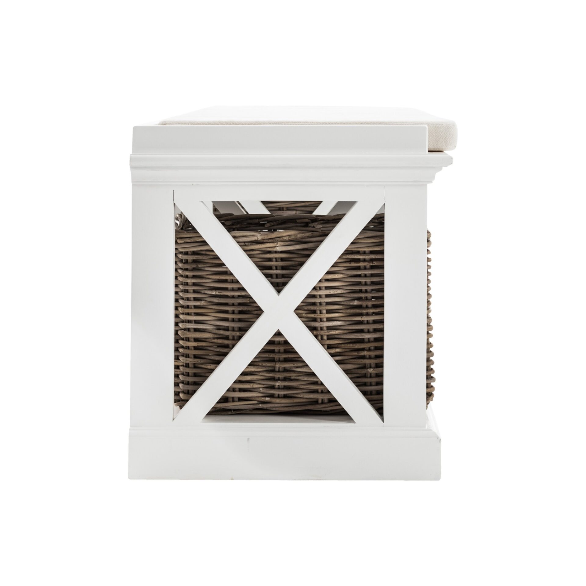 Classic White Mahogany Bench with Kubu Rattan Baskets 4 Classic White Mahogany Bench with Kubu Rattan Baskets - Image 4