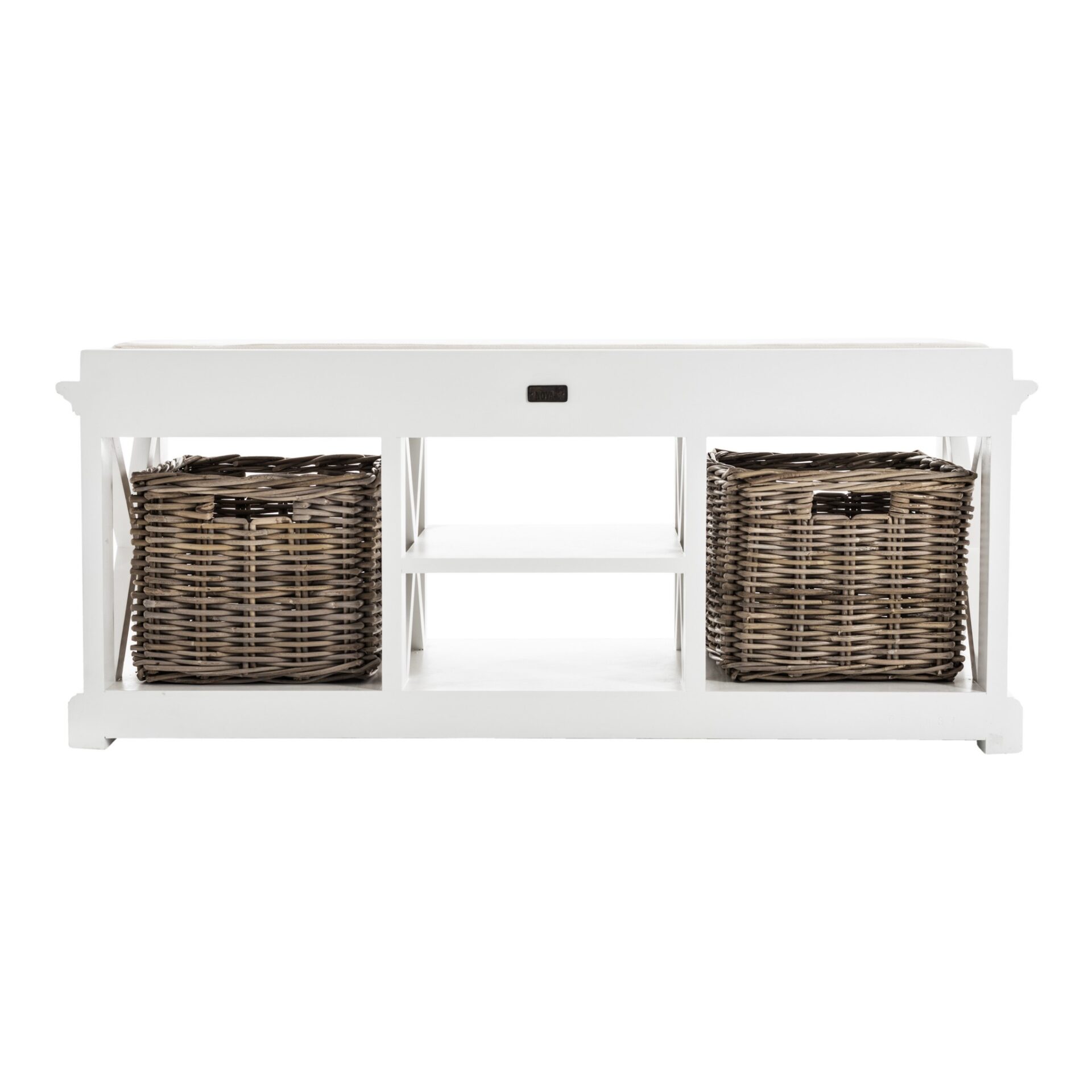 Classic White Mahogany Bench with Kubu Rattan Baskets 7 Classic White Mahogany Bench with Kubu Rattan Baskets - Image 7