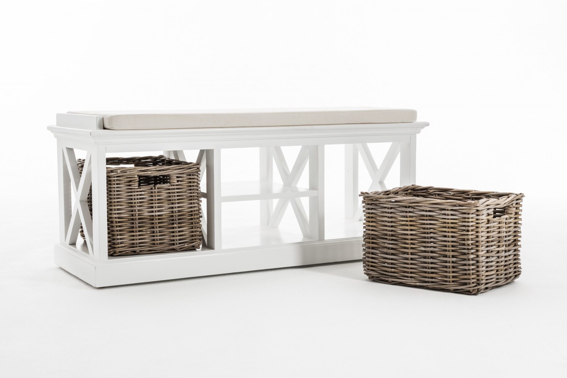 Classic White Mahogany Bench with Kubu Rattan Baskets 6 Classic White Mahogany Bench with Kubu Rattan Baskets - Image 6