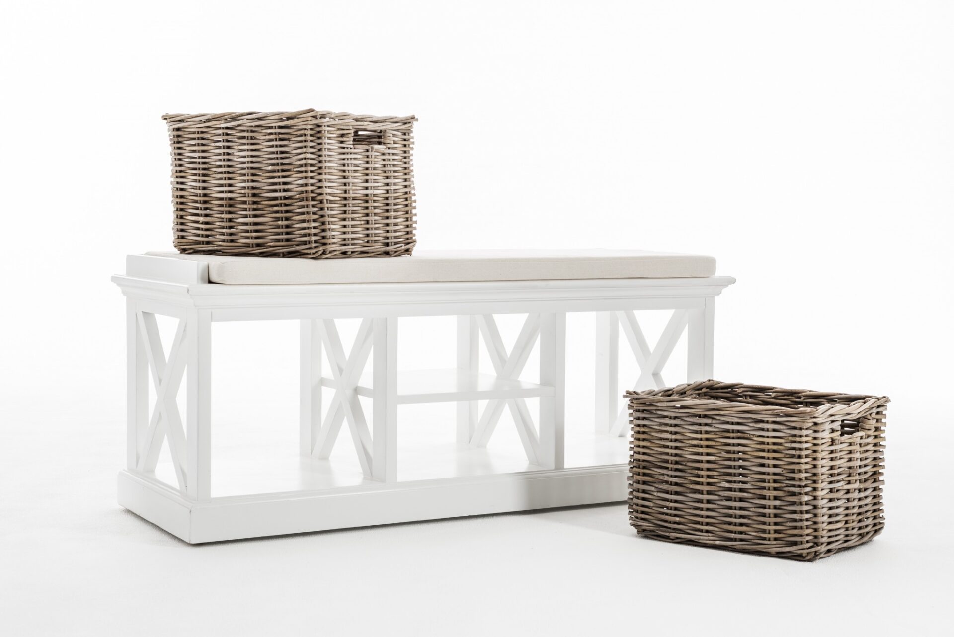 Classic White Mahogany Bench with Kubu Rattan Baskets 8 Classic White Mahogany Bench with Kubu Rattan Baskets - Image 8