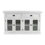 White Mahogany Buffet Table with Glass Doors and Storage