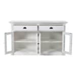 White Mahogany Buffet Table with Glass Doors and Storage