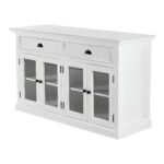 White Mahogany Buffet Table with Glass Doors and Storage