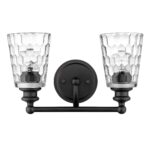 Black Metal Pebbled Glass Two-Light Wall Sconce, Vanity Fixture