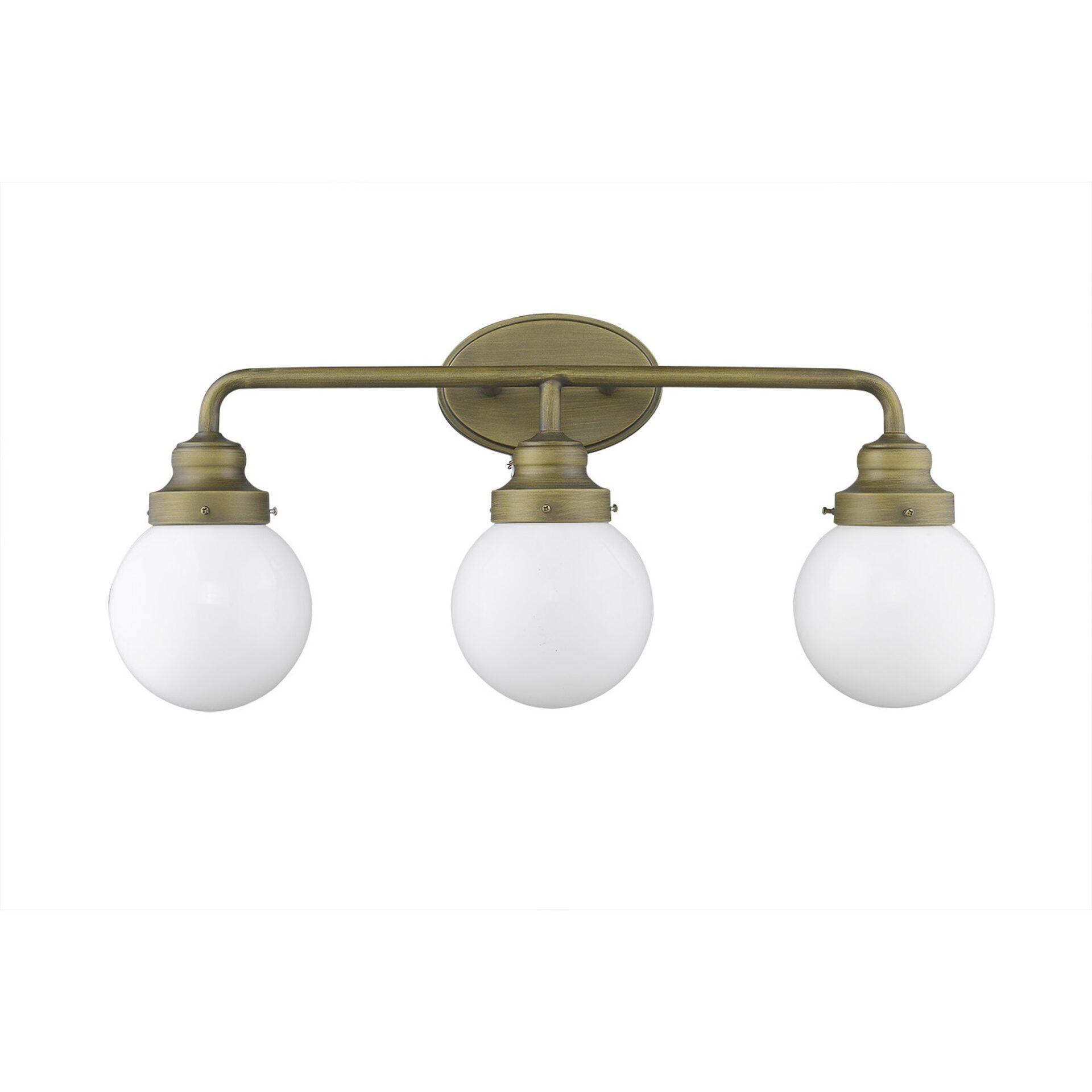 Portsmith Raw Brass Vanity with Opal Glass Globes, 3-Light 4 Portsmith Raw Brass Vanity with Opal Glass Globes, 3-Light - Image 4