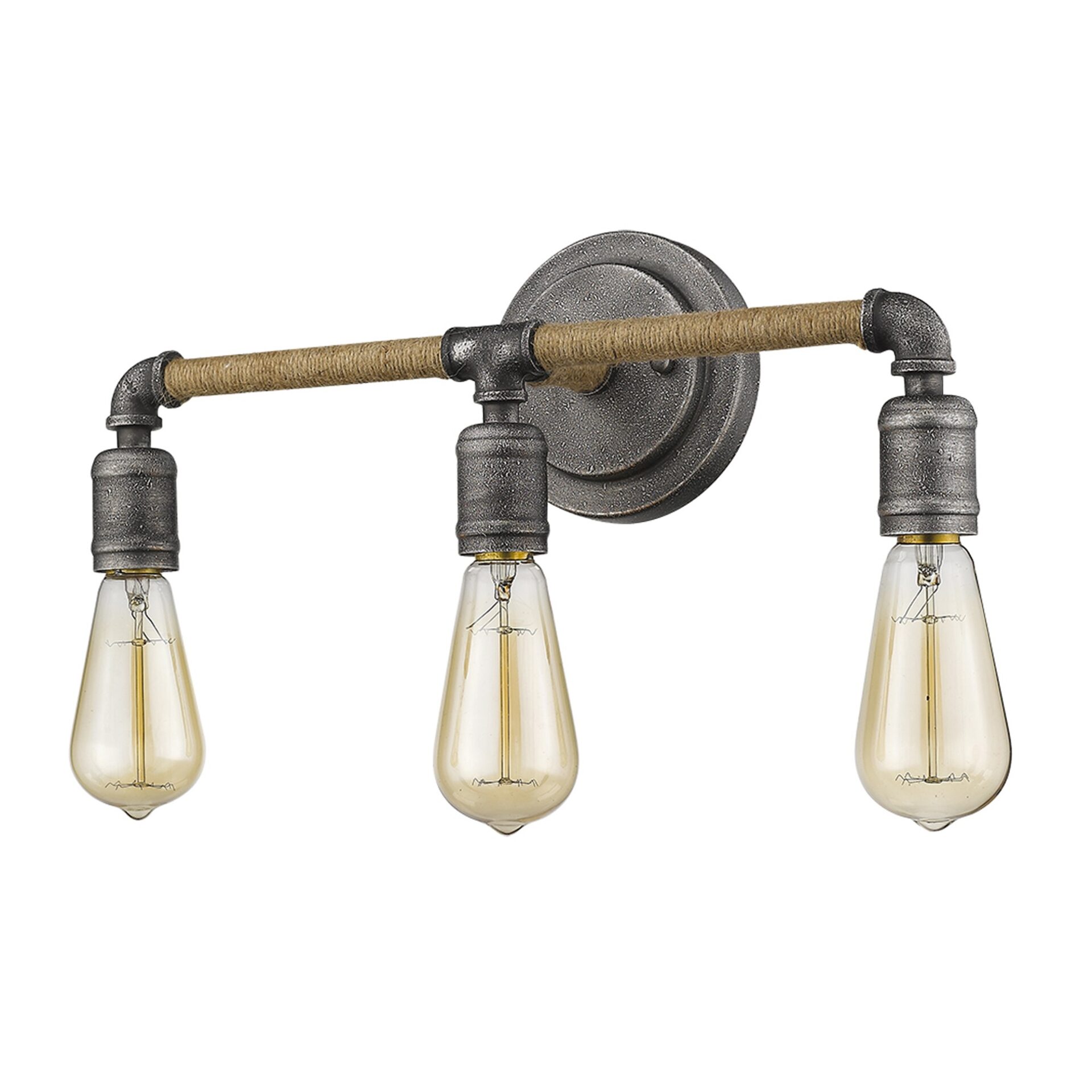Antique Gray 3-Light Industrial Vanity with Jute Accents 2 Antique Gray 3-Light Industrial Vanity with Jute Accents - Image 2