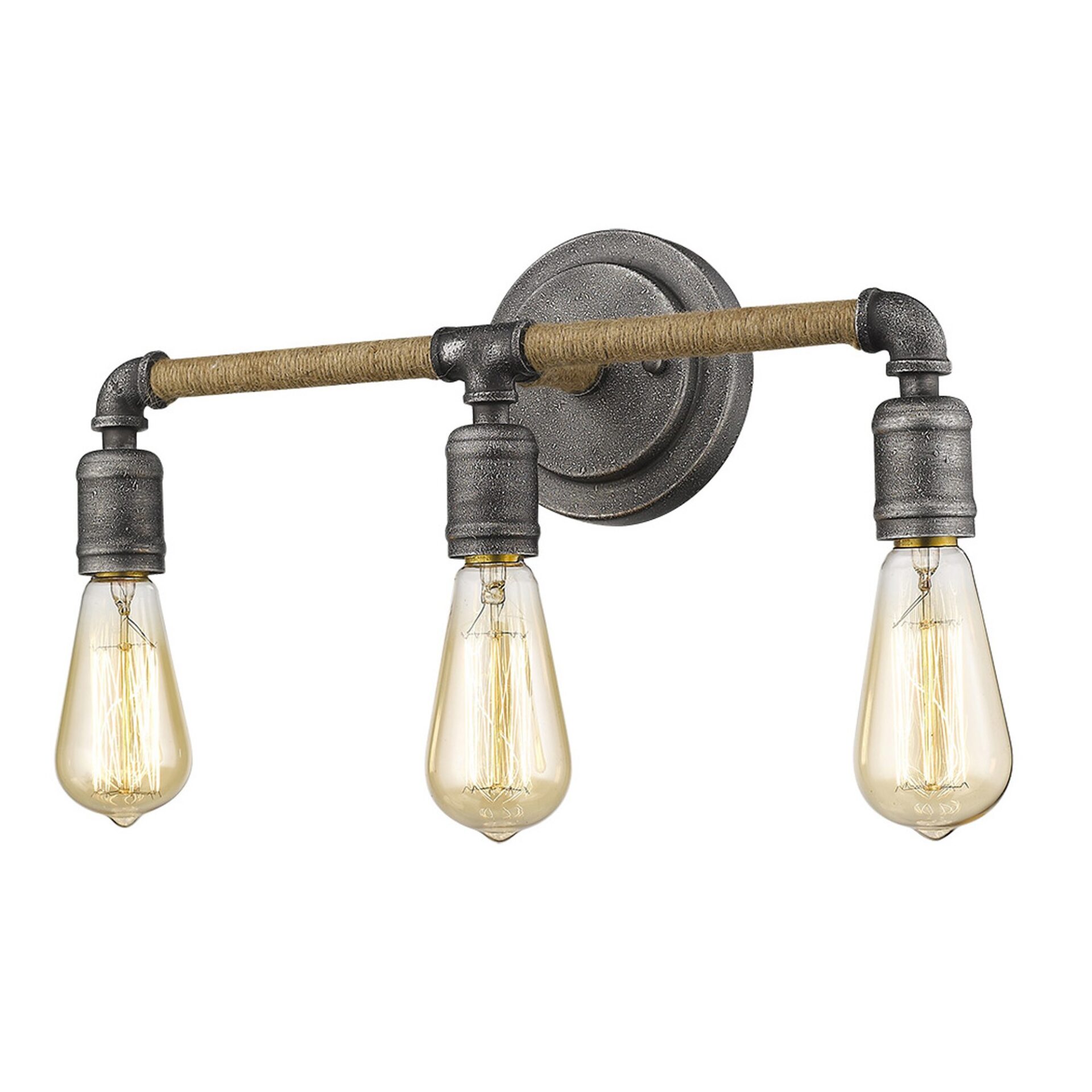Antique Gray 3-Light Industrial Vanity with Jute Accents 3 Antique Gray 3-Light Industrial Vanity with Jute Accents - Image 3