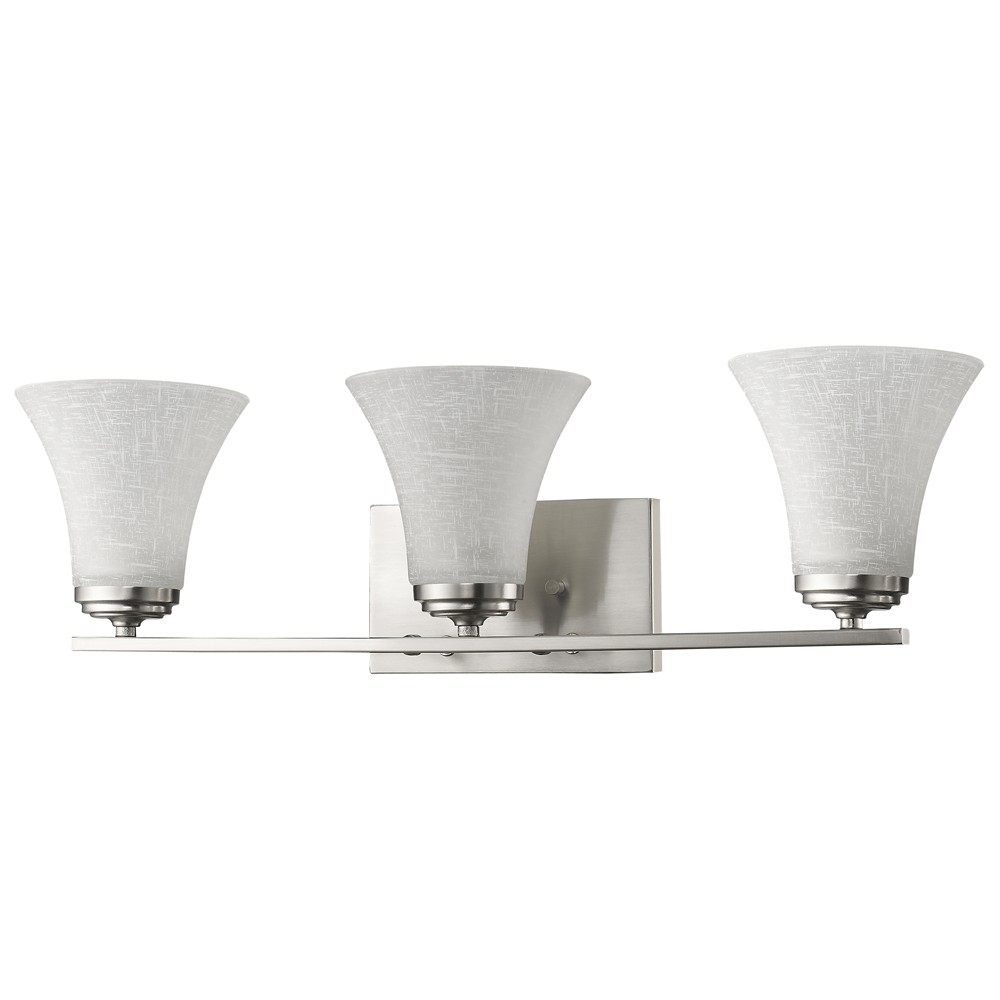 Three-Light Silver Wall Vanity with Tapered Frosted Glass Shades 1 Three-Light Silver Wall Vanity with Tapered Frosted Glass Shades