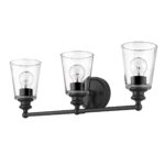 Matte Black Three-Light Wall Sconce with Clear Glass Shades 6 Matte Black Three-Light Wall Sconce with Clear Glass Shades