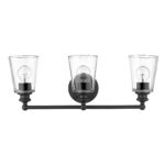 Matte Black Three-Light Wall Sconce with Clear Glass Shades 8 Matte Black Three-Light Wall Sconce with Clear Glass Shades