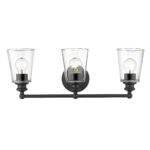 Matte Black Three-Light Wall Sconce with Clear Glass Shades 9 Matte Black Three-Light Wall Sconce with Clear Glass Shades