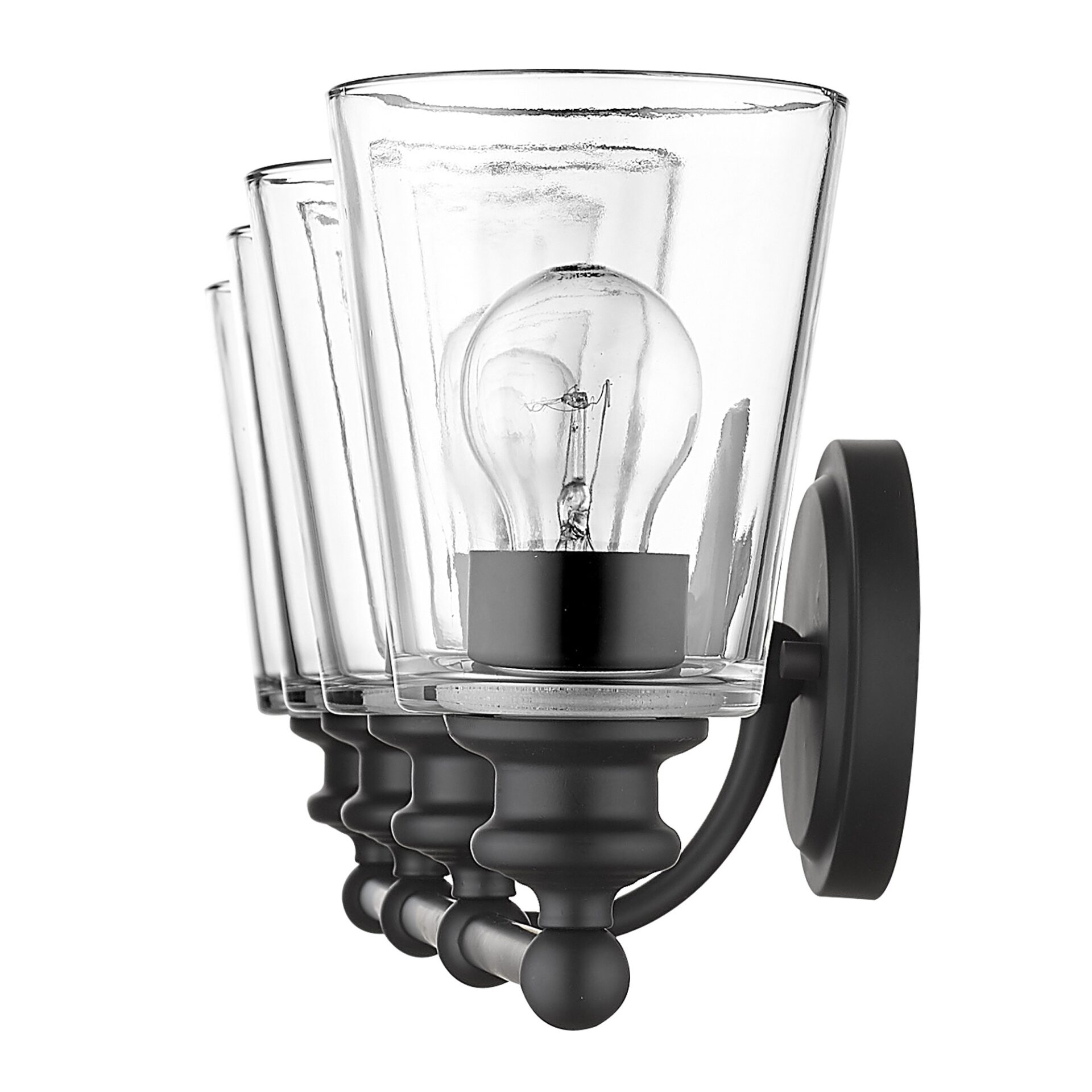 Ceil Matte Black 4-Light Vanity with Clear Glass Shades 1 Ceil Matte Black 4-Light Vanity with Clear Glass Shades