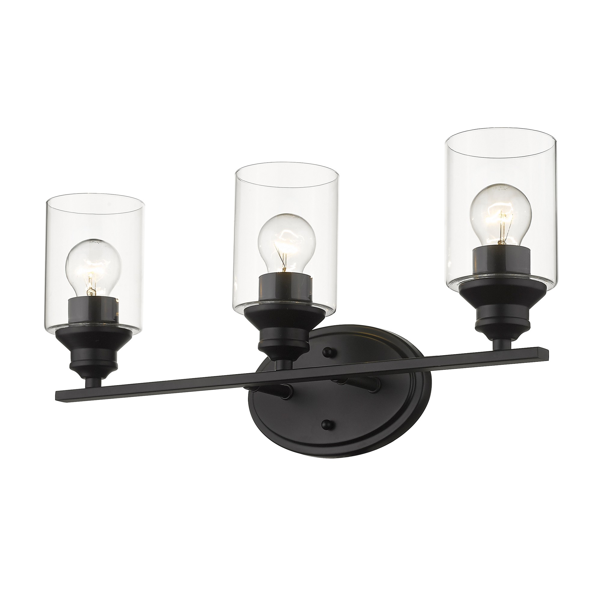 Matte Black Three-Light Wall Light with Clear Glass Shades 6 Matte Black Three-Light Wall Light with Clear Glass Shades