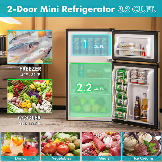 Compact 3.2 Cu. Ft Mini Fridge with Freezer and LED Lights