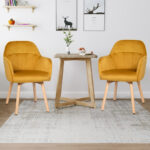 Yellow Velvet Upholstered Mid-Back Accent Armchairs with Wood Legs (Set of 2)