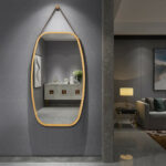 Adjustable Bamboo Wall Mirror with Leather Strap and Hook