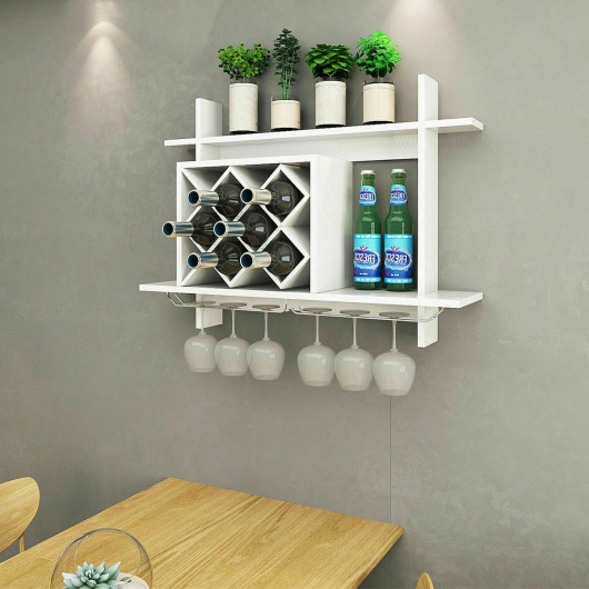 Wall Mounted Wine Rack with Glass Holder and Storage Shelf 2 Wall Mounted Wine Rack with Glass Holder and Storage Shelf - Image 2