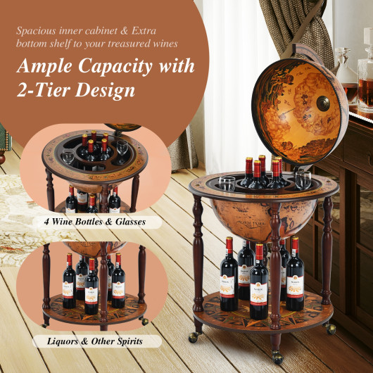 Vintage Globe Bar Wine Cabinet with Wheels and Storage 7 Vintage Globe Bar Wine Cabinet with Wheels and Storage - Image 7