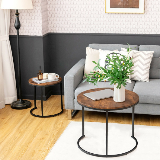 Rustic Round Nesting Coffee Tables with Adjustable Feet (Set of 2) 2 Rustic Round Nesting Coffee Tables with Adjustable Feet (Set of 2) - Image 2