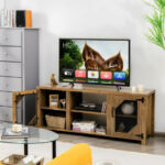 Rustic Brown TV Stand with Mesh Doors and Adjustable Shelves