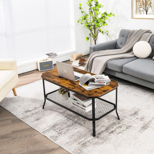 Industrial Coffee Table with 2-Tier Storage Shelf Rustic Brown 2 Industrial Coffee Table with 2-Tier Storage Shelf Rustic Brown - Image 2
