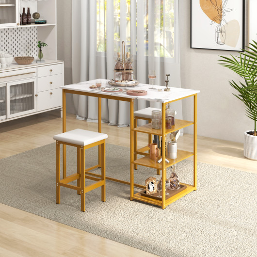 Gold Bar Table Set with Faux Marble Top and Storage (Set of 3) - Image 2