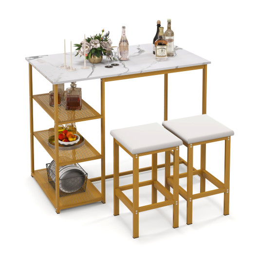 Gold Bar Table Set with Faux Marble Top and Storage (Set of 3) - Image 3