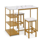 Gold Bar Table Set with Faux Marble Top and Storage (Set of 3)