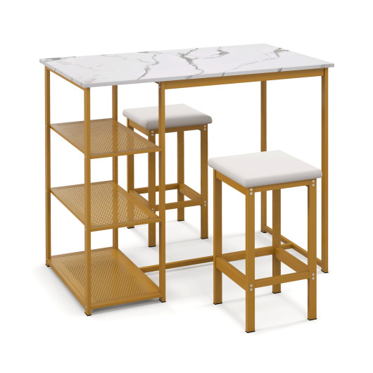 Gold Bar Table Set with Faux Marble Top and Storage (Set of 3) - Image 4