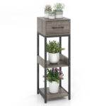 3 Tier Gray Plant Stand with Drawer and Anti-Tip Devices