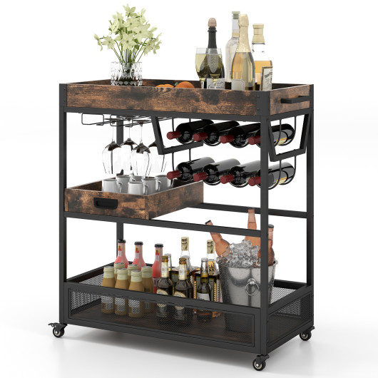 Industrial 3-Tier Bar Cart with Wine Rack and Removable Tray 3 Industrial 3-Tier Bar Cart with Wine Rack and Removable Tray - Image 3
