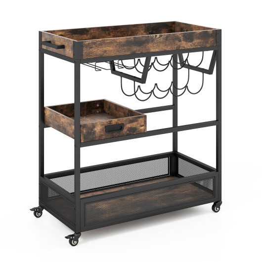 Industrial 3-Tier Bar Cart with Wine Rack and Removable Tray 4 Industrial 3-Tier Bar Cart with Wine Rack and Removable Tray - Image 4
