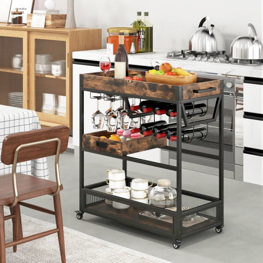 Industrial 3-Tier Bar Cart with Wine Rack and Removable Tray 6 Industrial 3-Tier Bar Cart with Wine Rack and Removable Tray - Image 6