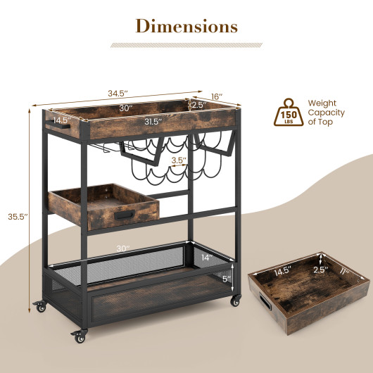 Industrial 3-Tier Bar Cart with Wine Rack and Removable Tray 5 Industrial 3-Tier Bar Cart with Wine Rack and Removable Tray - Image 5