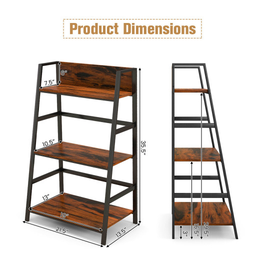 3 Tier Rustic Ladder Bookshelf with Metal Frame and Shelves - Image 5