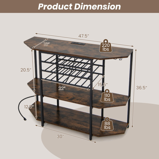 Industrial 3-Tier Wine Bar Cabinet with Glass and Bottle Storage 5 Industrial 3-Tier Wine Bar Cabinet with Glass and Bottle Storage - Image 5