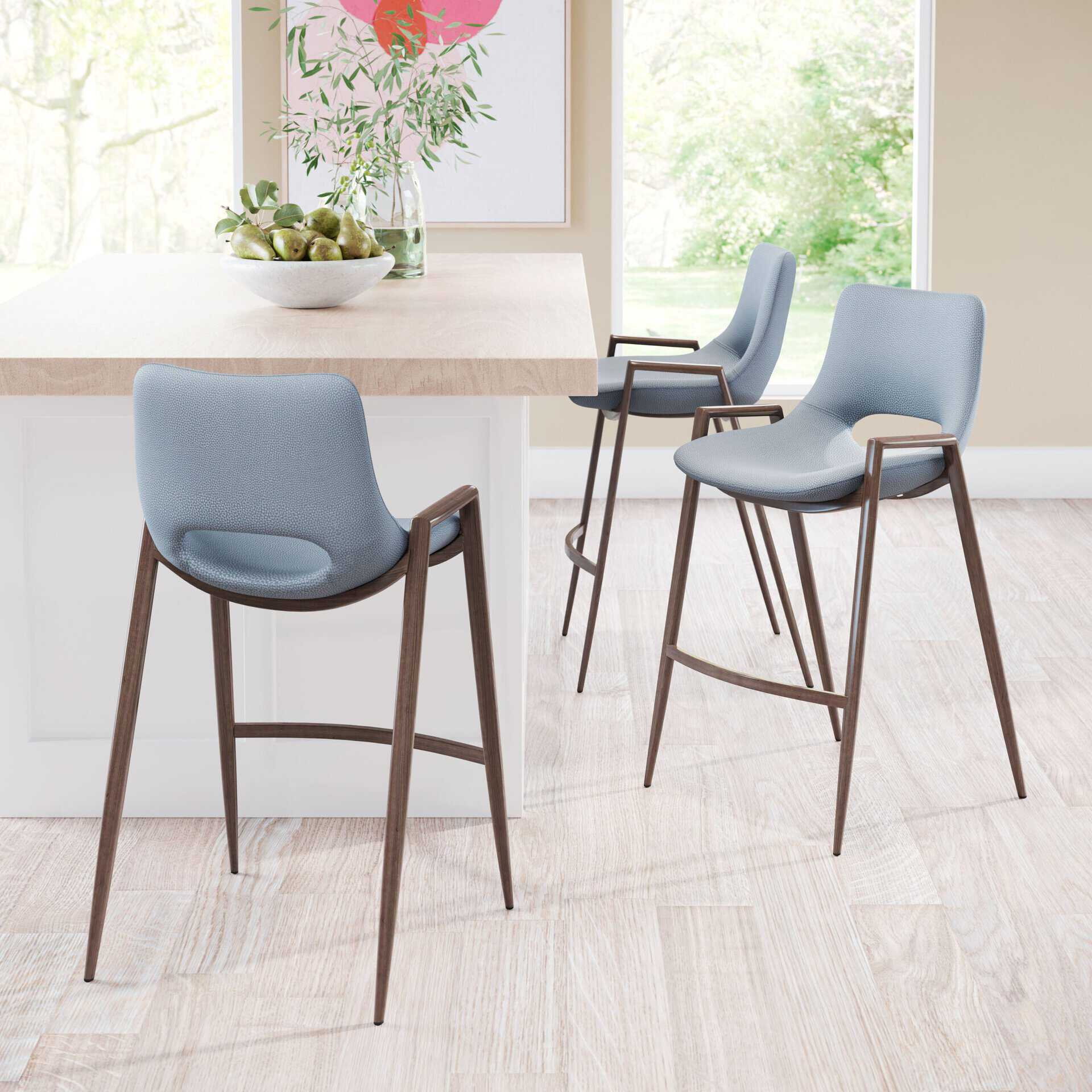 Mid-Century Modern Gray Faux Leather Counter Stool with Walnut Legs (Set of 2)