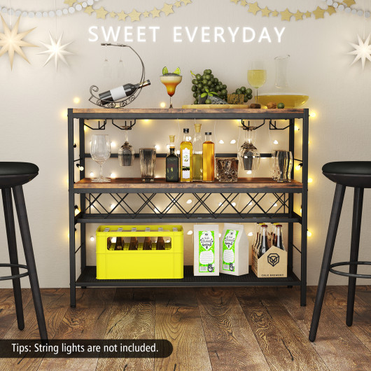 Rustic Brown 4-Tier Bar Table with Wine Rack and Holders 2 Rustic Brown 4-Tier Bar Table with Wine Rack and Holders - Image 2