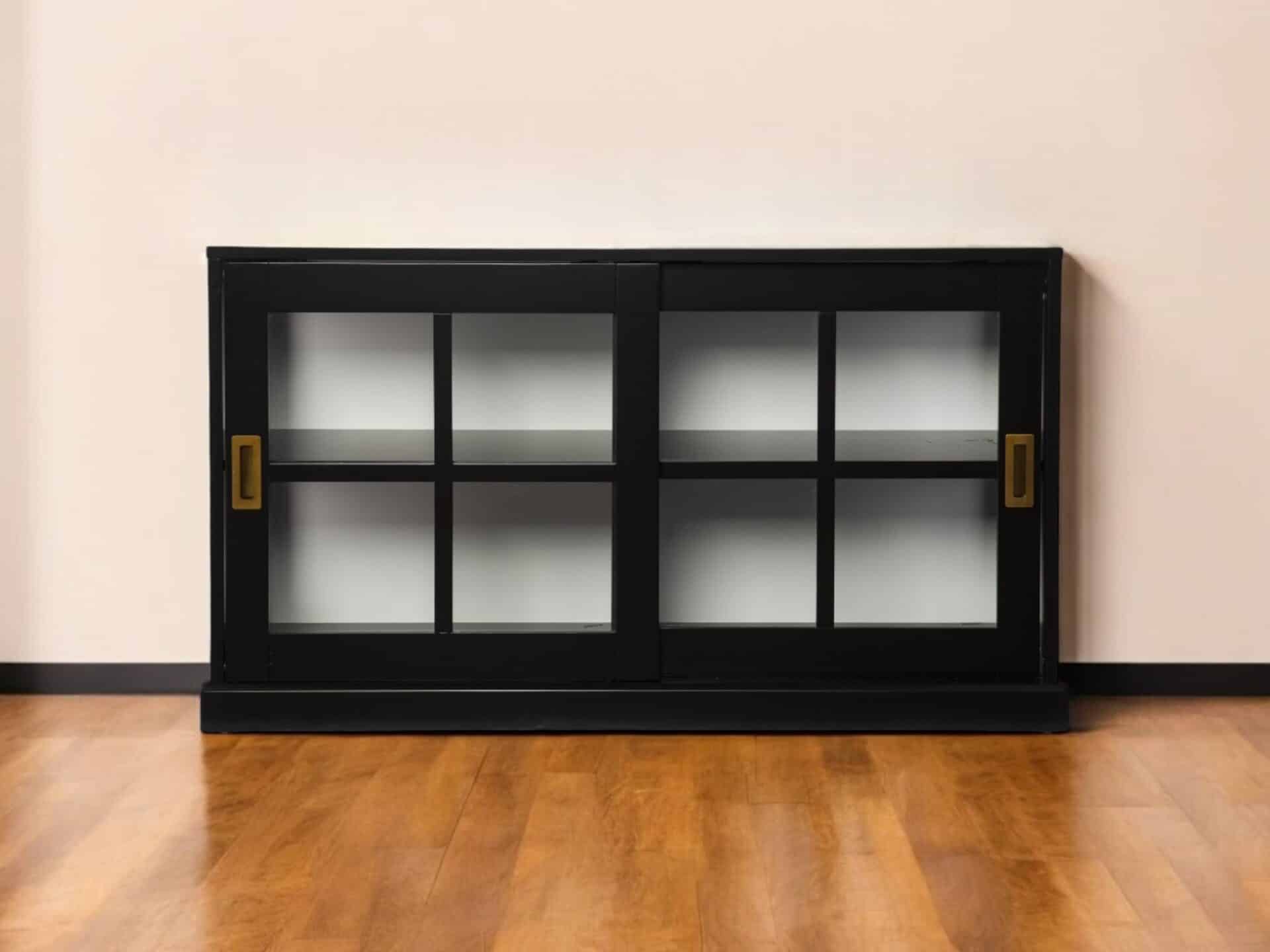 Black Sideboard with Glass Sliding Doors and Shelves 2 Black Sideboard with Glass Sliding Doors and Shelves - Image 2